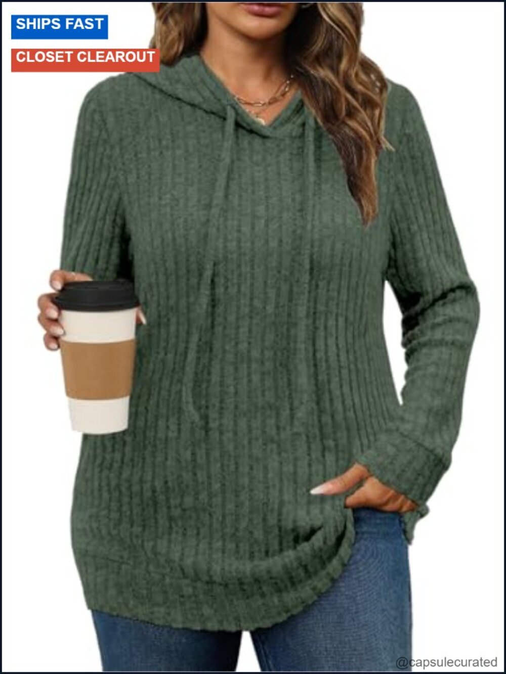 Plus Size Lightweight Ribbed Knit Hoodie Pullover Tunic